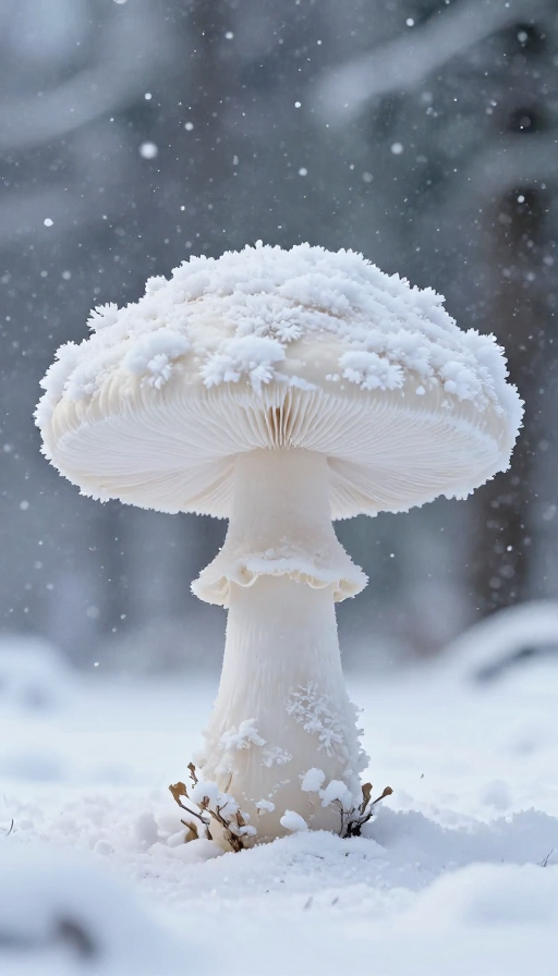 雪中奇异景象：巍峨雪花蘑菇的8K实景