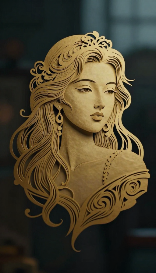 金箔纸雕女子肖像：超现实梦幻艺术的极致呈现