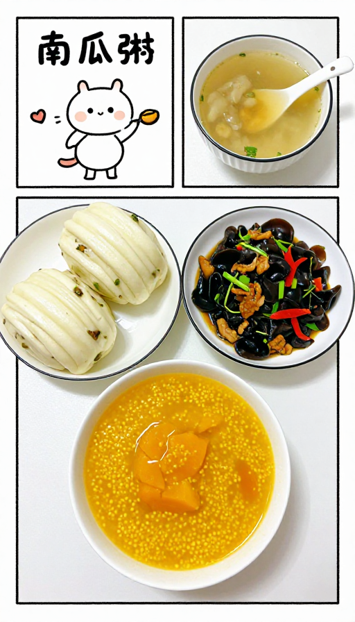 手绘漫画风温馨晚餐:南瓜粥与家常菜搭配