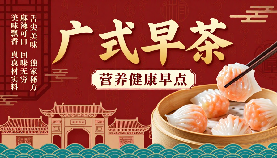 广式早茶红色中国风美食海报