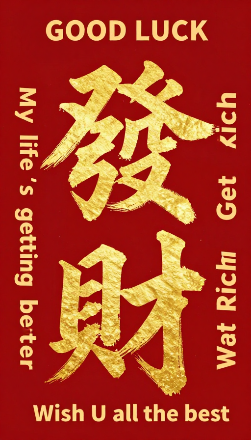 金色书法“發財”与英文祝福交织,红色背景烘托吉祥意境