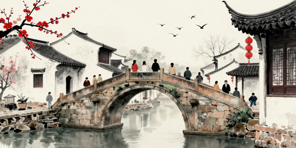 水墨江南：古桥与红梅的诗意倒影