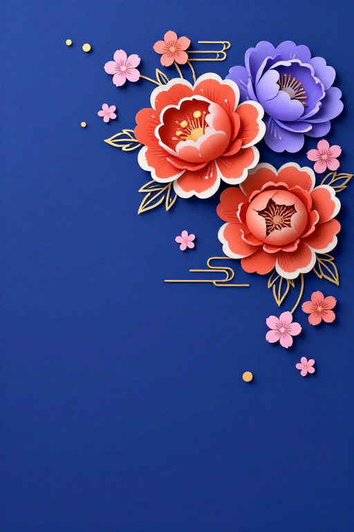 深蓝剪纸牡丹花艺艺术插画