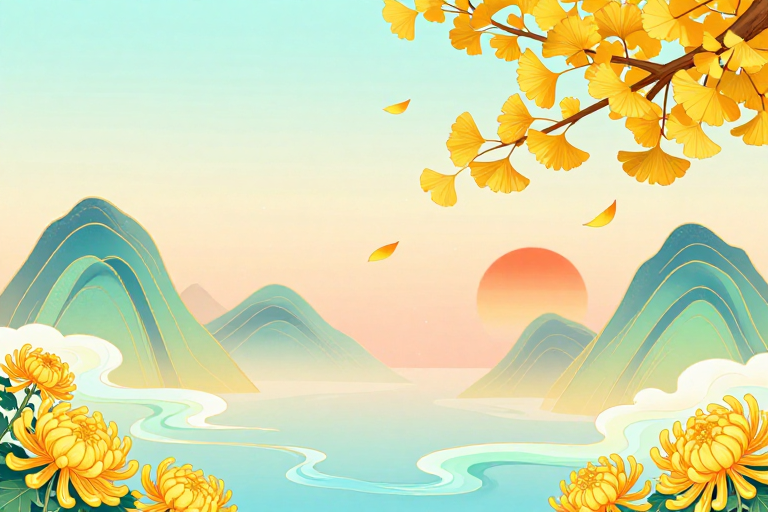 秋日东方意境：金色银杏与菊花的国风山水插画
