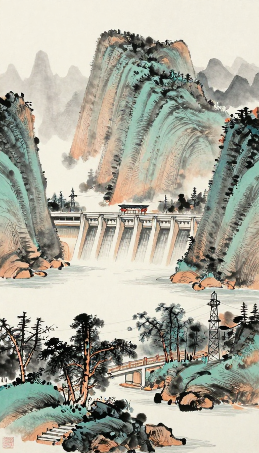 传统水墨山水与现代化水坝的东方美学画卷