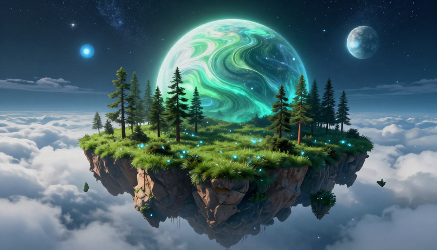 云端奇幻岛屿悬浮于冷色调星空背景