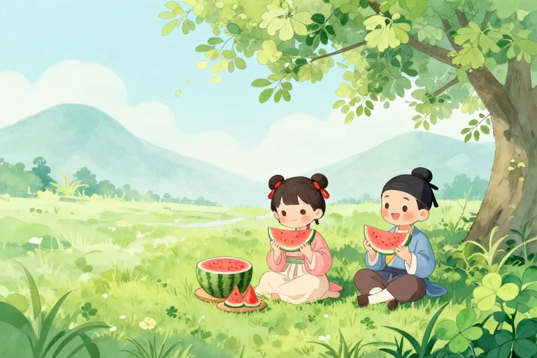 清新水彩夏日田园：古风孩童与西瓜的宁静午后