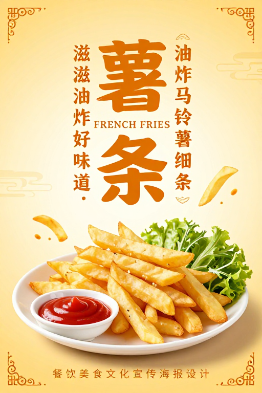 暖黄渐变中式风情·酥脆薯条美食文化海报