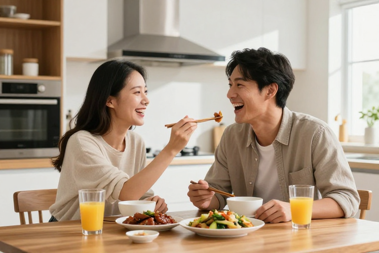 温馨厨房：情侣欢笑共享美食时光