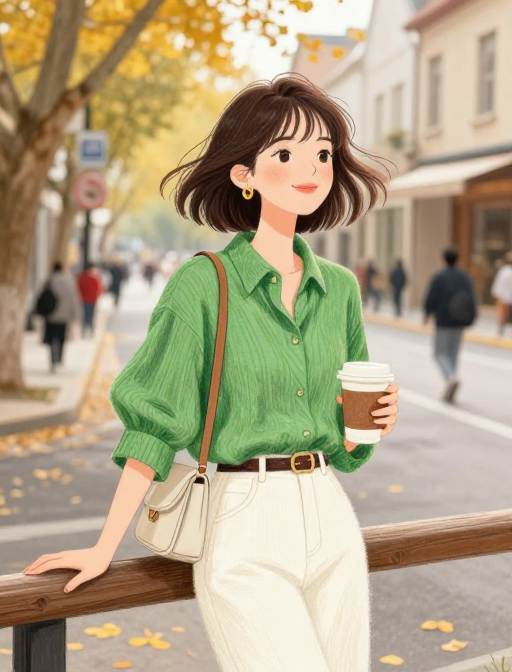 秋日街景:彩铅手绘短发美人咖啡时光