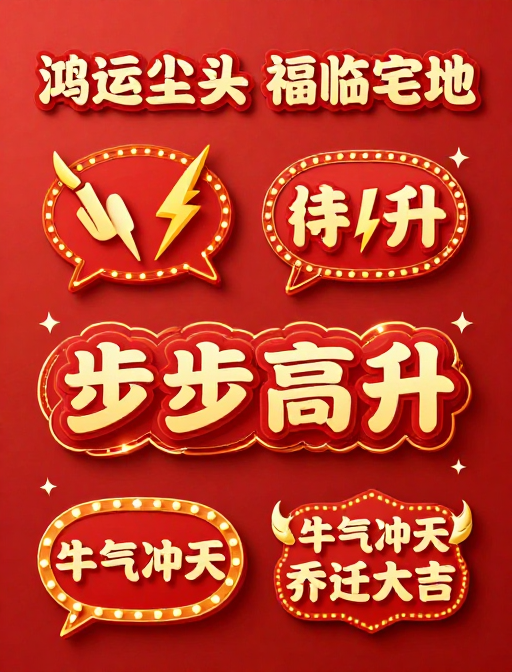 霓虹红金喜庆插画海报，乔迁大吉欢乐氛围设计