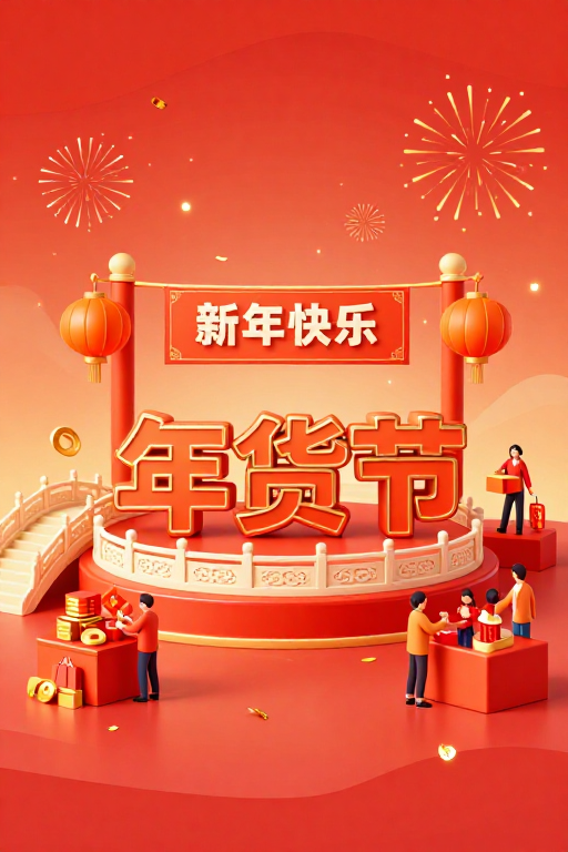 年货节庆典：中国红立体插画新年促销背景