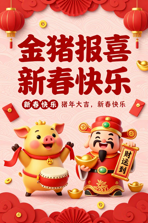 金猪财神贺岁·红金中国风新年海报