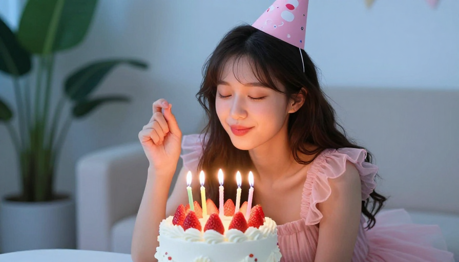 亚洲少女粉色装扮烛光许愿生日时刻