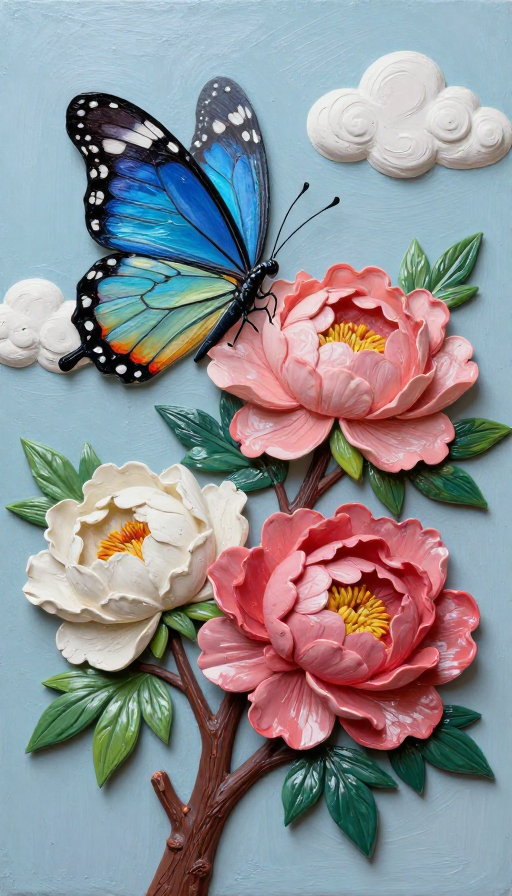 3D立体油画：树上盛开的牡丹与蝴蝶