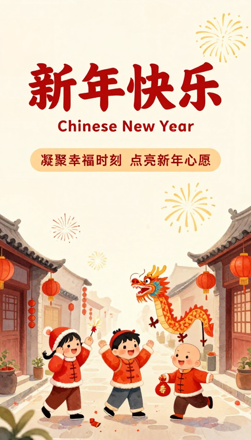 新春佳节水彩插画：童趣祥和贺岁海报