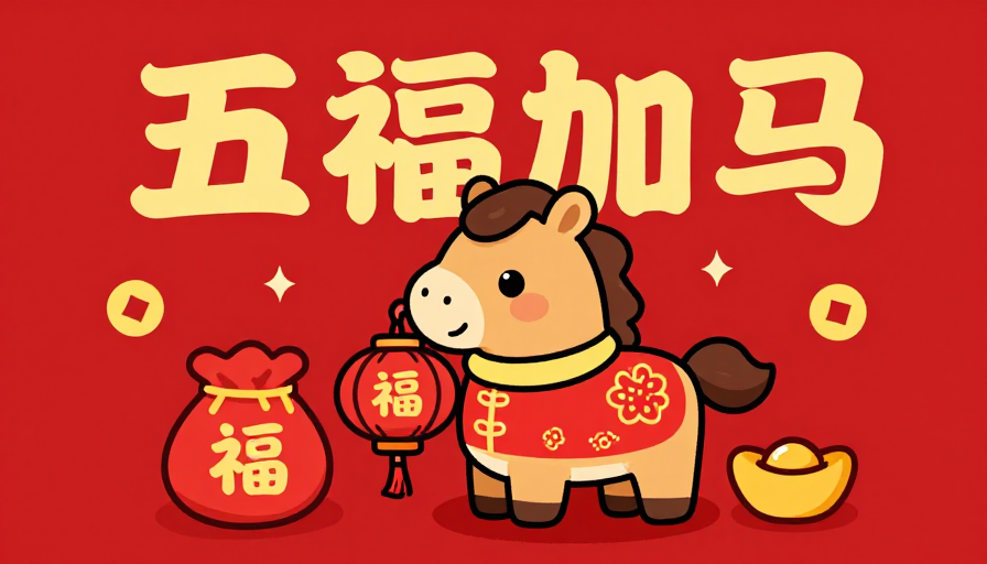 喜庆红底卡通马年插画，五福加马迎新年