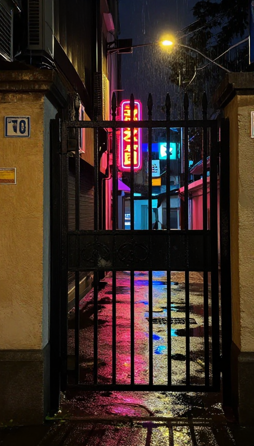 雨夜铁门静立,霓虹闪烁的孤独小巷