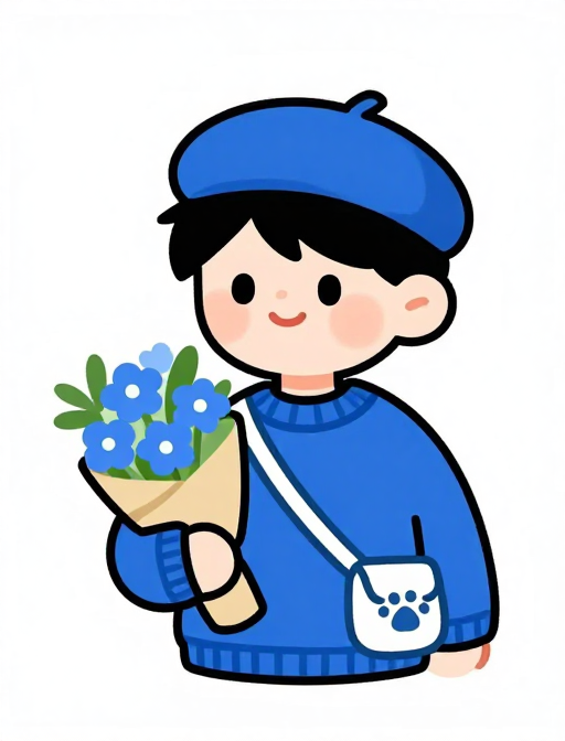 萌趣插画：蓝衣贝雷帽小哥哥捧花