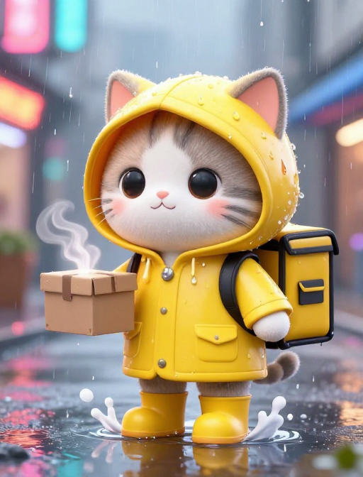 萌趣雨天：Q版外卖猫雨中送餐暖光