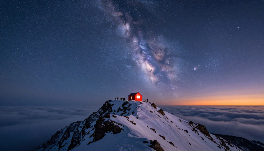 雪山顶巅星空夜:冷调蓝紫光影下的探险时刻