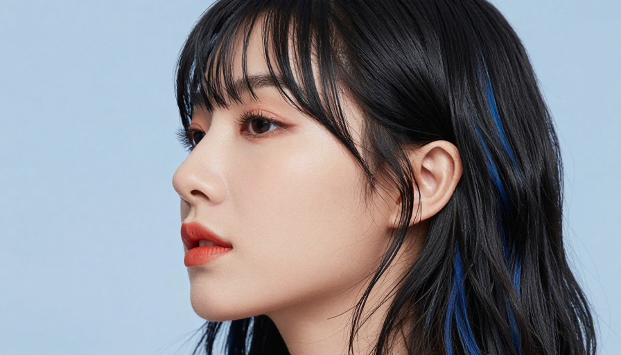 蓝调挑染亚洲女性侧脸特写：美妆时尚摄影