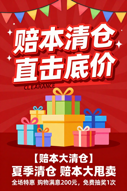 红色背景配多彩礼品盒，赔本清仓促销震撼发布