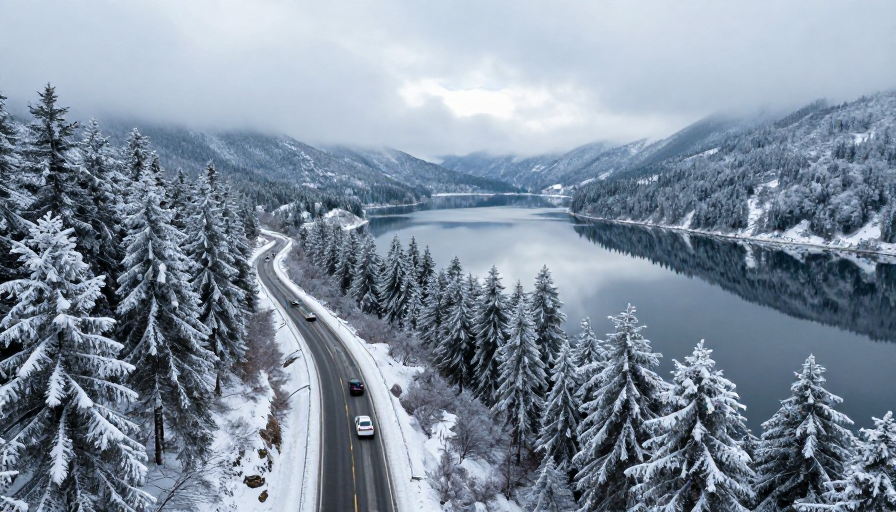 雪覆山谷公路蜿蜒,静谧湖映冬日美景