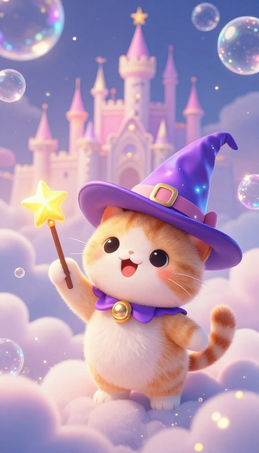 梦幻童话风魔法猫咪特写：云朵城堡中的荧光精灵