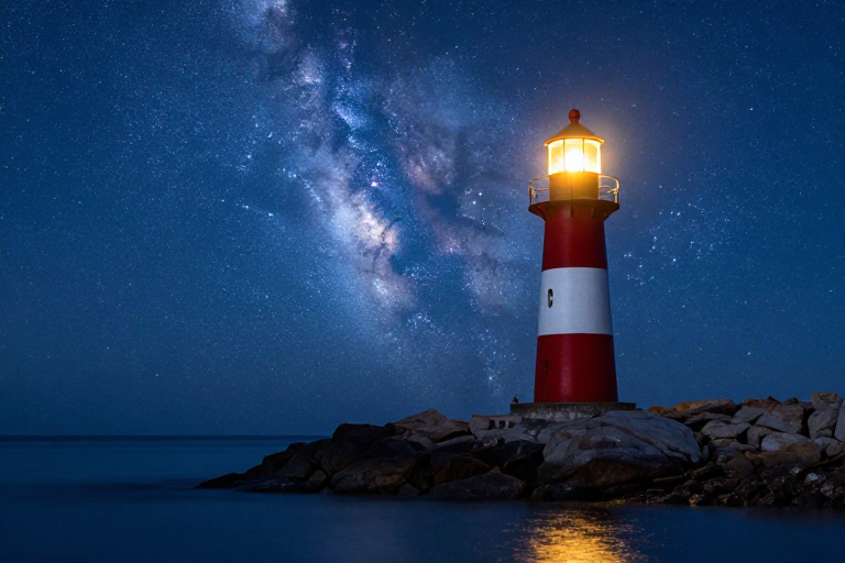 红白灯塔映星河：冷蓝暖光海岸夜景摄影