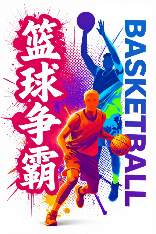 活力撞色街头篮球海报：毛笔书法与数字艺术融合