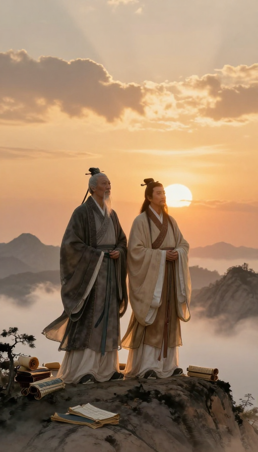 暮年圣贤同辉：李白与孔子水墨画卷