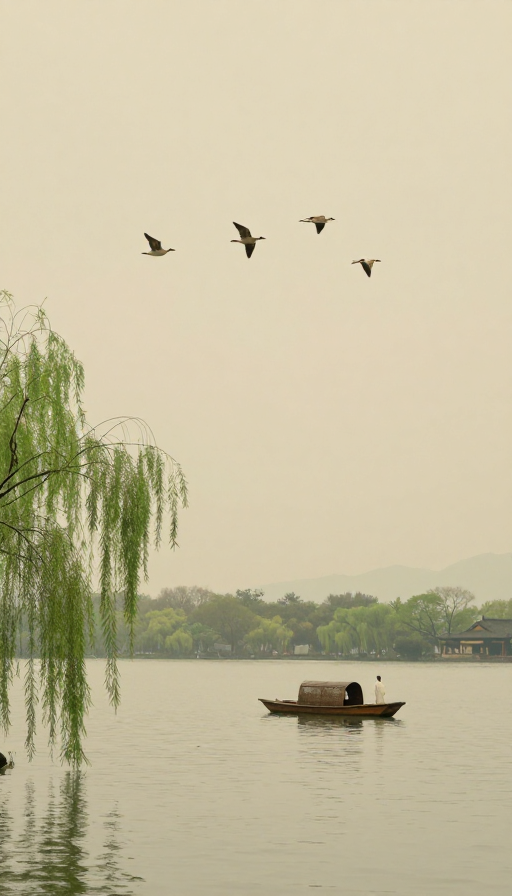 古风诗意：湖畔柳影与归鸿