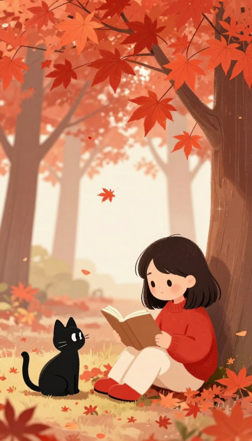 治愈秋日暖阳：红衣女孩与黑猫的静谧阅读时光