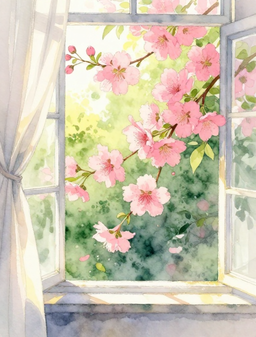 窗边粉红繁花·清新春日水彩插画