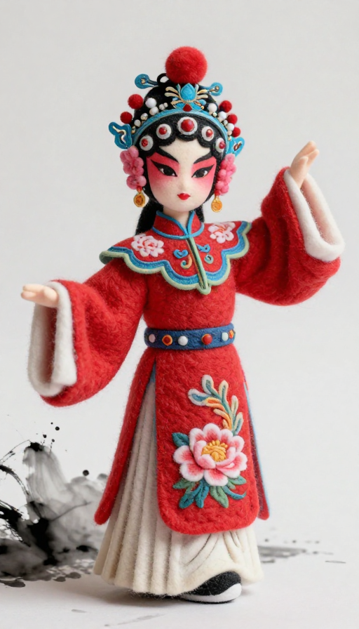 京剧风3D羊毛毡凤穿牡丹玩偶艺术呈现