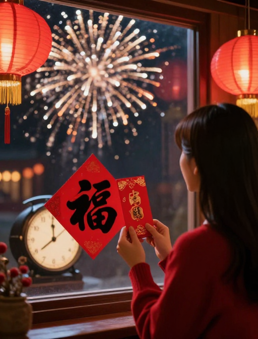 新年光影：红衣女孩窗外烟火与时光倒流瞬间