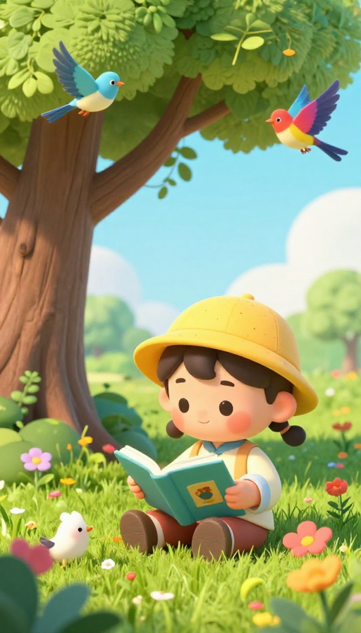 童趣春日：戴帽孩童读诗插图