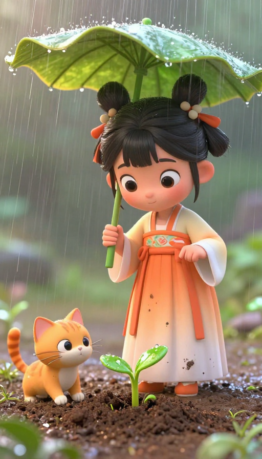 雨中萌宝触嫩芽:皮克斯风3D卡通