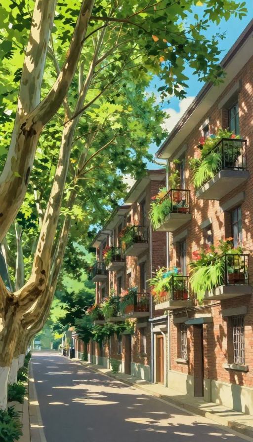 南京梧桐街景：宫崎骏治愈风老街道插画
