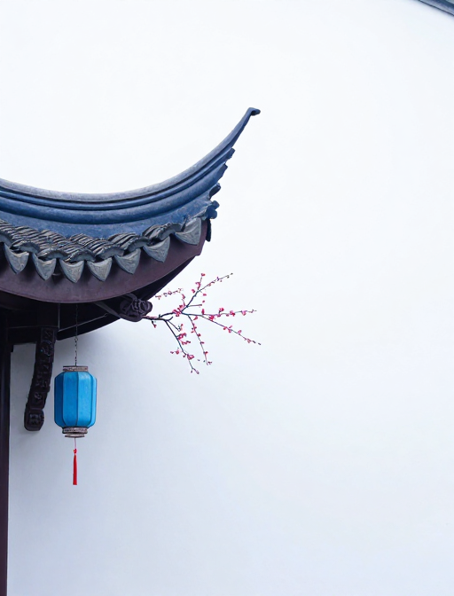 东方禅意:蓝白飞檐与梅花的静谧留白之美