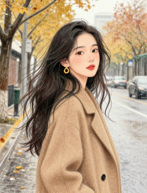 秋日雨街治愈风:长发美人彩铅插画