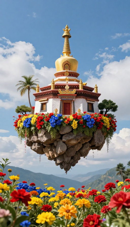 云端秘境:悬浮古刹与绚烂花海