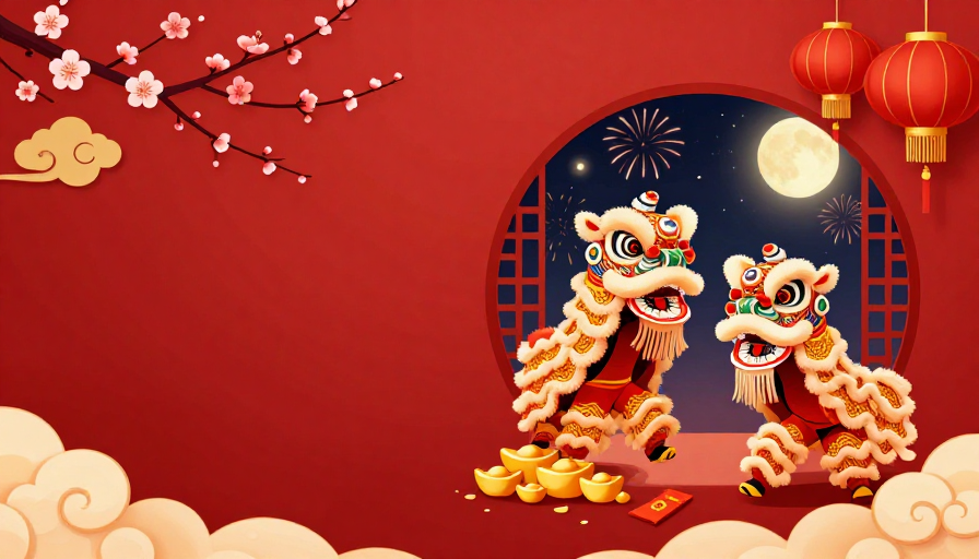 红金中国风新年插画，舞狮灯笼喜庆，适配节日海报背景