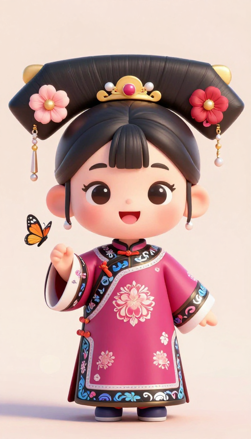 萌趣格格与蝴蝶嬉戏:3D卡通高清展示