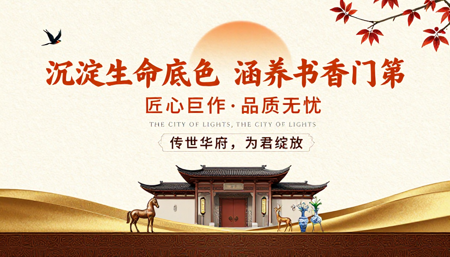 中式传统风高端地产宣传海报，彰显文化底蕴与尊贵气质