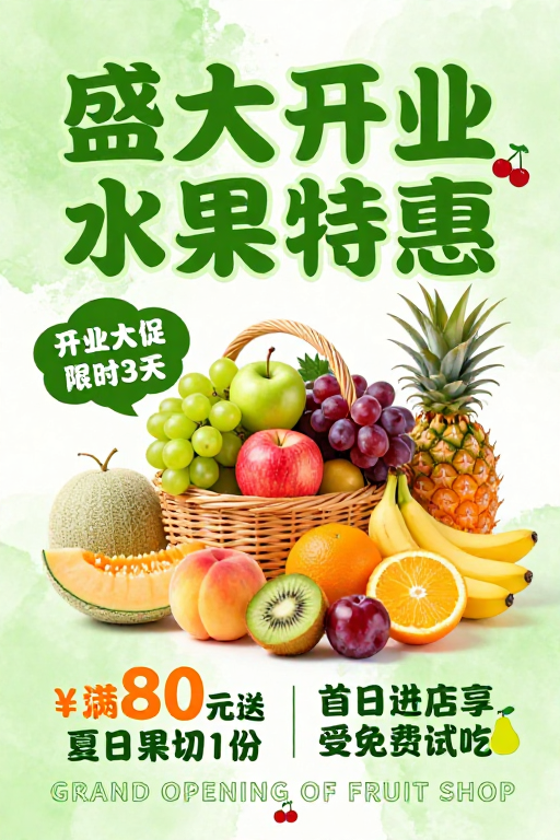 熊猫办公清新开业海报：嫩绿水彩水果特惠
