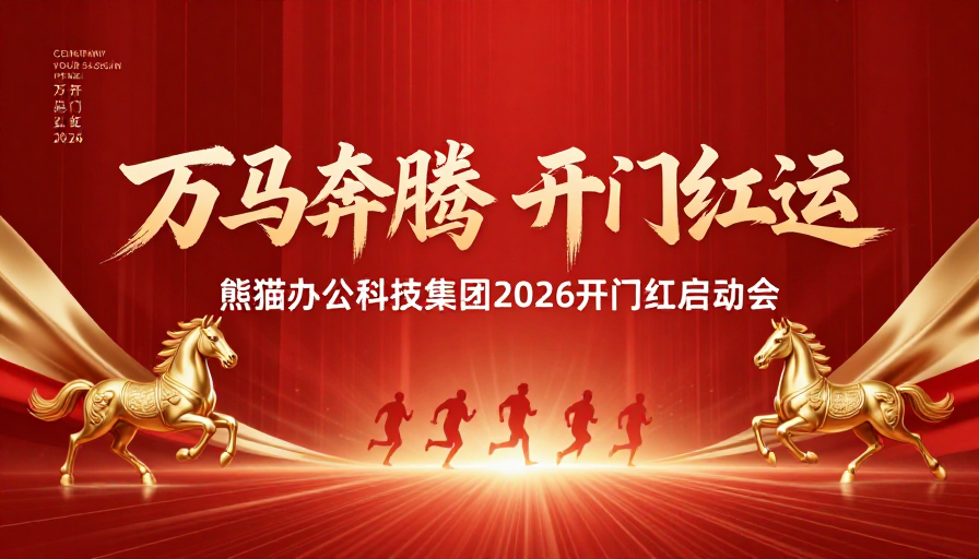 万马奔腾开门红：鎏金红底书法企业庆典图