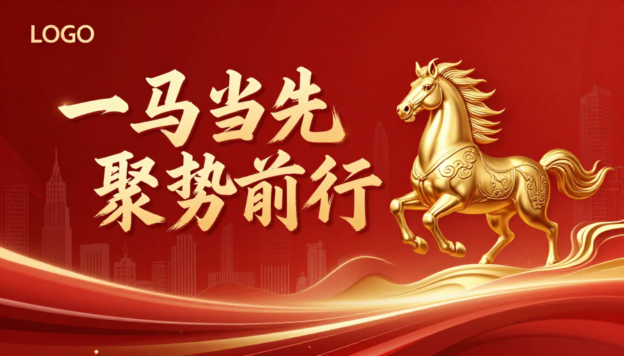 金色奔马引领商务庆典，气势磅礴的红色宣传海报