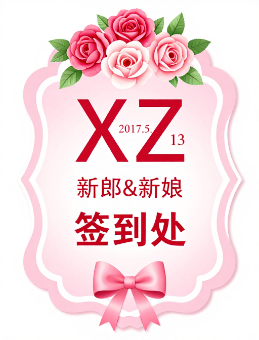 粉色浪漫婚礼签到牌设计,甜美剪纸风格
